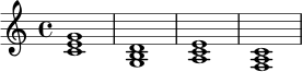 \relative c' {
\key c \major
\time 4/4
<c e g>1 | <g b d>1 | <a c e>1 | <f a c>1 |
}