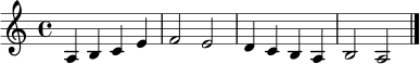 \relative c' { \clef treble \key a \minor \time 4/4 a4 b c e | f2 e | d4 c b a | b2 a \bar "|." }