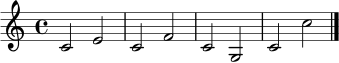 
\relative c' {
  \clef treble
  \time 4/4
  c2 e | c2 f | c2 g | c2 c' \bar "|."
}
