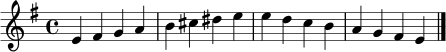 \relative c' { \clef treble \key e \minor \time 4/4 e4 fis g a | b cis dis e | e d c b | a g fis e \bar "|." }