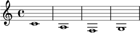 
\relative c' {
  \key c \major
  \time 4/4
  c1 | a1 | f1 | g1 |
}

