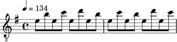 \relative c' {
\clef "treble_8"
\key e \minor
\time 4/4
\tempo 4 = 134
e8 b' e, c' e, d' e, b' |
e,8 c' e, b' e, d' e, c' |
}