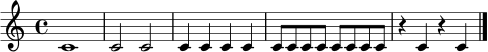 \relative c' { \clef treble \time 4/4 c1 | c2 c2 | c4 c4 c4 c4 | c8 c8 c8 c8 c8 c8 c8 c8 | r4 c4 r4 c4 \bar "|." }