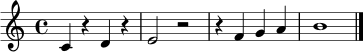 \relative c' { \time 4/4 c4 r d r | e2 r | r4 f g a | b1 | \bar "|." }