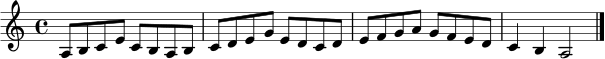 \relative c' {
\clef treble
\key a \minor
\time 4/4
a8 b c e c b a b | c8 d e g e d c d | e8 f g a g f e d | c4 b a2 \bar "|."
}