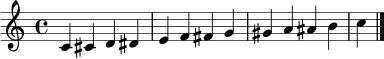 \relative c' {
\clef treble
c4 cis d dis e f fis g gis a ais b c
\bar "|."
}