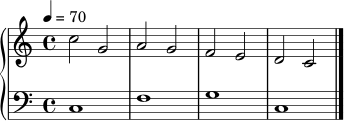 \version "2.18.2"
oberstimme = \relative c'' {
\time 4/4
\key c \major
\tempo 4 = 70
c2 g | a g | f e | d c \bar "|."
}
unterstimme = \relative c {
c1 | f | g | c, |
}
\score {
\new PianoStaff <<
\new Staff {
\set Staff.midiInstrument = "flute"
\oberstimme
}
\new Staff {
\clef bass
\set Staff.midiInstrument = "cello"
\unterstimme
}
>>
\layout { }
\midi { }
}