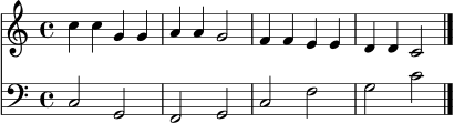 \version "2.24.0"
melodie = \relative c'' {
\clef treble
\key c \major
\time 4/4
c4 c g g | a a g2 | f4 f e e | d d c2 \bar "|."
}
bass = \relative c {
\clef bass
\key c \major
\time 4/4
c2 g | f g | c f | g c \bar "|."
}
\score {
<<
\new Staff \with { midiInstrument = "recorder" } \melodie
\new Staff \with { midiInstrument = "cello" } \bass
>>
\layout { }
\midi { \tempo 4 = 88 }
}