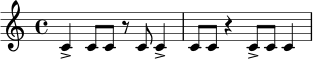 \relative c' {
\clef treble
\time 4/4
c4-> c8 c r c c4-> |
c8 c r4 c8-> c c4 |
}