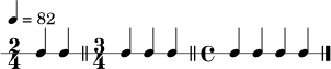 \new RhythmicStaff {
\tempo 4 = 82
\time 2/4
c4 c4 \bar "||"
\time 3/4
c4 c4 c4 \bar "||"
\time 4/4
c4 c4 c4 c4 \bar "|."
}