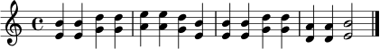 \relative c' {
\clef treble
\time 4/4
<e b'>4 <e b'> <g d'> <g d'> |
<a e'>4 <a e'> <g d'> <e b'> |
<e b'>4 <e b'> <g d'> <g d'> |
<d a'>4 <d a'> <e b'>2 |
\bar "|."
}