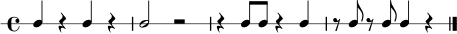 
\new RhythmicStaff {
  \time 4/4
  c4 r4 c4 r4 |
  c2 r2 |
  r4 c8 c8 r4 c4 |
  r8 c8 r8 c8 c4 r4 |
  \bar "|."
}
