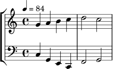 \version "2.22.0"
\score {
\new StaffGroup <<
\new Staff \with { midiInstrument = "flute" } \relative c'' {
\clef treble \time 4/4 \tempo 4=84
g4 a b c | d2 c |
}
\new Staff \with { midiInstrument = "cello" } \relative c {
\clef bass
c4 g e c | f2 g |
}
>>
\layout {}
\midi {}
}