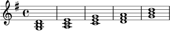 \relative c' {
\key g \major
\time 4/4
<g b d>1 |
<a c e>1 |
<c e g>1 |
<d fis a>1 |
<g b d>1
}