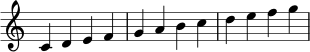 {
\omit Staff.TimeSignature
\clef treble
c'4 d'4 e'4 f'4 g'4 a'4 b'4 c''4 d''4 e''4 f''4 g''4
}