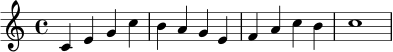 \relative c' { \clef treble \key c \major \time 4/4 c4 e g c | b a g e | f a c b | c1 }
