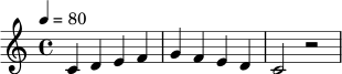 { \clef treble \time 4/4 \tempo 4 = 80 c'4 d' e' f' | g' f' e' d' | c'2 r2 | }