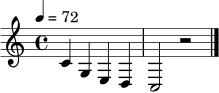 
\relative c' { \tempo 4 = 72 \clef treble \key c \major \time 4/4 c4 g e d | c2 r2 \bar "|." }
