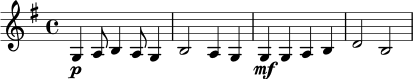 
\version "2.24.0"
\header { tagline = ##f }
\relative c' {
  \key g \major
  \time 4/4
  g4\p a8 b4 a8 g4 |
  b2 a4 g4 |
  g4\mf g a b |
  d2 b2 |
}
