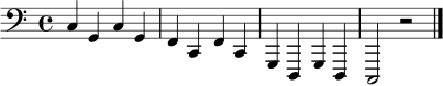 \relative c {
\clef bass
\key c \major
\time 4/4
c4 g c g |
f4 c f c |
g4 d g d |
c2 r2 \bar "|."
}