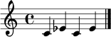 \relative c' { \clef treble \time 4/4 c4 ees4 c4 ees4 \bar "|." }