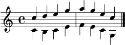 \version "2.18.2"
oberstimme = \relative c'' {
\key c \major
\time 4/4
c4 d e g | a g e c \bar "|."
}
unterstimme = \relative c' {
\key c \major
\time 4/4
c4 b c e | f e c g \bar "|."
}
\score {
\new Staff <<
\new Voice = "oben" { \voiceOne \oberstimme }
\new Voice = "unten" { \voiceTwo \unterstimme }
>>
\layout { }
\midi { \tempo 4 = 84 }
}