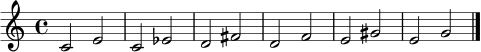 \relative c' { \time 4/4 c2 e | c ees | d fis | d f | e gis | e g \bar "|." }