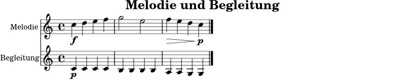 \version "2.24.0"
\header {
title = "Melodie und Begleitung"
tagline = ##f
}
melodie = \relative c'' {
\clef treble
\time 4/4
c4\f d e f |
g2 e |
f4\> e d c\p \bar "|."
}
begleitung = \relative c' {
\clef treble
\time 4/4
c4\p c c c |
b4 b b b |
a4 a g g \bar "|."
}
\score {
<<
\new Staff \with { instrumentName = "Melodie" } \melodie
\new Staff \with { instrumentName = "Begleitung" } \begleitung
>>
\layout { }
\midi { \tempo 4 = 84 }
}