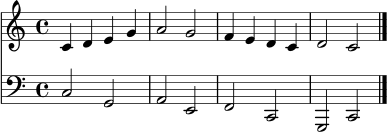 \version "2.22.0"
melodie = \relative c' { \clef treble \key c \major \time 4/4 c4 d e g | a2 g | f4 e d c | d2 c \bar "|." }
begleitung = \relative c { \clef bass \key c \major \time 4/4 c2 g | a e | f c | g c \bar "|." }
\score {
<<
\new Staff = "Melodie" \melodie
\new Staff = "Begleitung" \begleitung
>>
\layout { }
\midi { \tempo 4 = 88 }
}