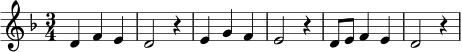 \relative c' {
\clef treble
\key d \minor
\time 3/4
d4 f e | d2 r4 | e4 g f | e2 r4 | d8 e f4 e | d2 r4
}