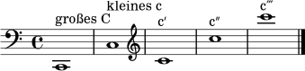 { \clef bass c,1^\markup { "großes C" } c^\markup { "kleines c" } \clef treble c'^\markup { "c′" } c''^\markup { "c″" } c'''^\markup { "c‴" } \bar "|." }