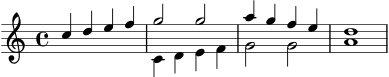 \score {
\new Staff <<
\new Voice = "eins" { \voiceOne \relative c'' { \clef treble \time 4/4 c4 d e f | g2 g2 | a4 g f e | d1 } }
\new Voice = "zwei" { \voiceTwo \relative c' { s1 | c4 d e f | g2 g2 | a1 } }
>>
\layout { }
\midi { \tempo 4 = 90 }
}