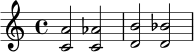 { <c' a'>2 <c' aes'>2 <d' b'>2 <d' bes'>2 }