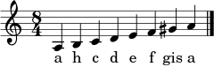 \relative c' { \clef treble \time 8/4 a4 b c d e f gis a \bar "|." }
\addlyrics { a h c d e f gis a }