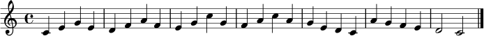 
\relative c' {
  \key c \major
  \time 4/4
  c4 e g e |
  d4 f a f |
  e4 g c g |
  f4 a c a |
  g4 e d c |
  a'4 g f e |
  d2 c2 \bar "|."
}
