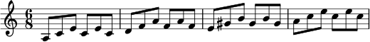
\relative c' {
  \clef treble
  \time 6/8
  a8 c e c e c
  d8 f a f a f
  e8 gis b gis b gis
  a8 c e c e c
}
