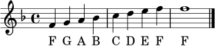 \relative c' {
\clef treble
\key f \major
\time 4/4
f4 g a bes | c d e f | f1 \bar "|."
}
\addlyrics { F G A B C D E F F }