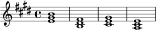 \relative c' {
\key e \major
\time 4/4
<e gis b>1 |
<b dis fis>1 |
<cis e gis>1 |
<a cis e>1 |
}
