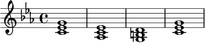 \relative c' {
\key c \minor
\time 4/4
<c ees g>1 |
<aes c ees>1 |
<g b d>1 |
<c ees g>1 |
}