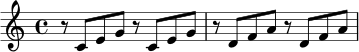 \version "2.24.0"
\relative c' {
\key c \major
\time 4/4
r8 c e g r c, e g |
r8 d f a r d, f a |
}