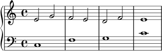 \new PianoStaff <<
\new Staff \relative c' {
\key c \major
\time 4/4
e2 g |
f2 e |
d2 f |
e1
}
\new Staff \relative c {
\clef bass
\key c \major
\time 4/4
c1 |
f1 |
g1 |
c1
}
>>