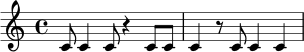 \relative c' {
\time 4/4
c8 c4 c8 r4 c8 c | c4 r8 c c4 c
}