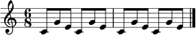 \relative c' { \time 6/8 \key c \major c8 g' e c g' e | c g' e c g' e \bar "|." }