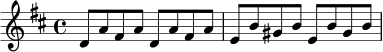 \relative c' {
\key d \major
\time 4/4
d8 a' fis a d, a' fis a |
e8 b' gis b e, b' gis b |
}