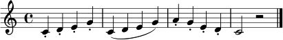 
\relative c' {
  \clef treble
  \key c \major
  \time 4/4
  c4-. d-. e-. g-. | c,4( d e g) | a4-. g-. e-. d-. | c2 r2 \bar "|."
}
