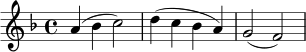 \relative c'' {
\time 4/4
\key f \major
a4( bes c2) | d4( c bes a) | g2( f) |
}
