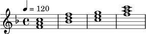 \relative c' {
\key f \major
\time 4/4
\tempo 4 = 120
<f a c>1 |
<bes d f>1 |
<c e g>1 |
<f a c>1
}