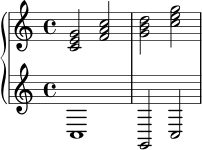 \new PianoStaff <<
\new Staff \relative c' {
\time 4/4
<c e g>2 <f a c> | <g b d> <c e g>
}
\new Staff \relative c {
c1 | g2 c
}
>>