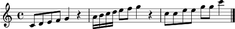 \relative c' { \clef treble \time 4/4 c8 d e f g4 r | a16 b c d e8 f g4 r | c,8 c e e g g c4 | \bar "|." }