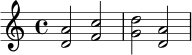
\relative c' {
  \time 4/4
  <d a'>2 <f c'>2 |
  <g d'>2 <d a'>2 |
}
